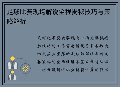 足球比赛现场解说全程揭秘技巧与策略解析