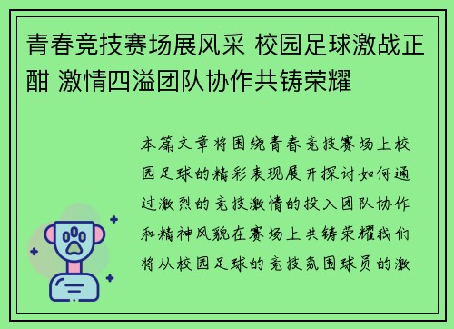 青春竞技赛场展风采 校园足球激战正酣 激情四溢团队协作共铸荣耀