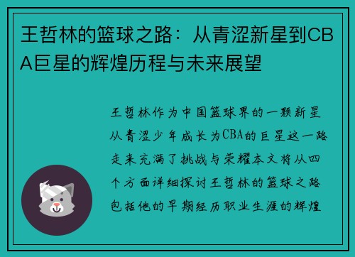 王哲林的篮球之路：从青涩新星到CBA巨星的辉煌历程与未来展望