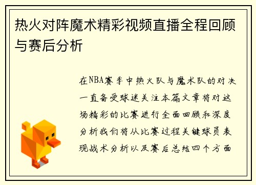 热火对阵魔术精彩视频直播全程回顾与赛后分析