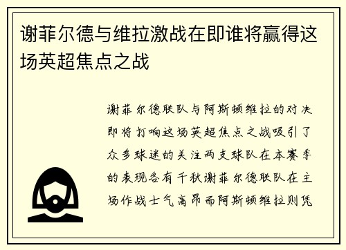 谢菲尔德与维拉激战在即谁将赢得这场英超焦点之战