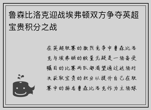 鲁森比洛克迎战埃弗顿双方争夺英超宝贵积分之战