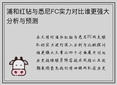 浦和红钻与悉尼FC实力对比谁更强大分析与预测